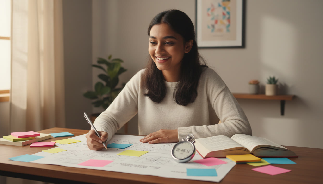 Photo Idea : Student revising with colourful sticky notes, a mock test paper and a stopwatch