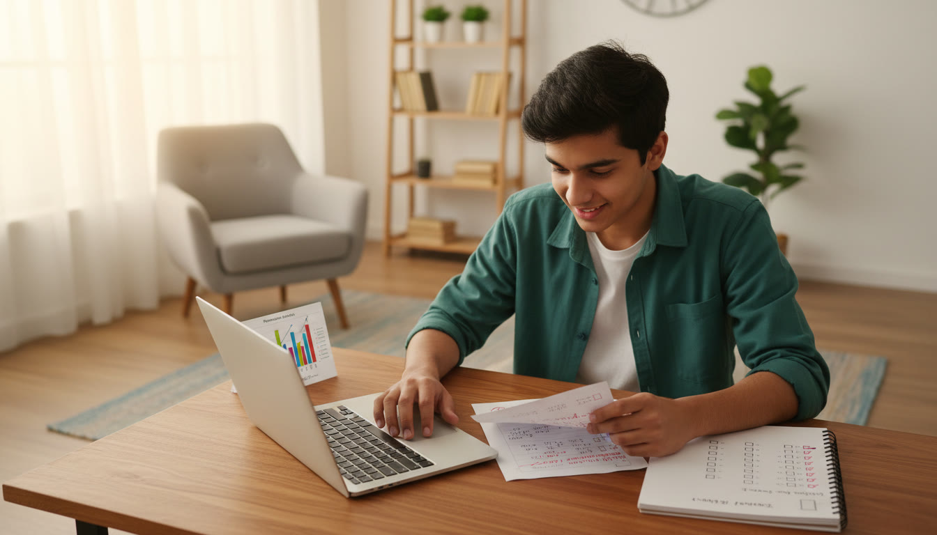 Photo Idea : Student analyzing test paper with a checklist and a laptop showing performance graphs