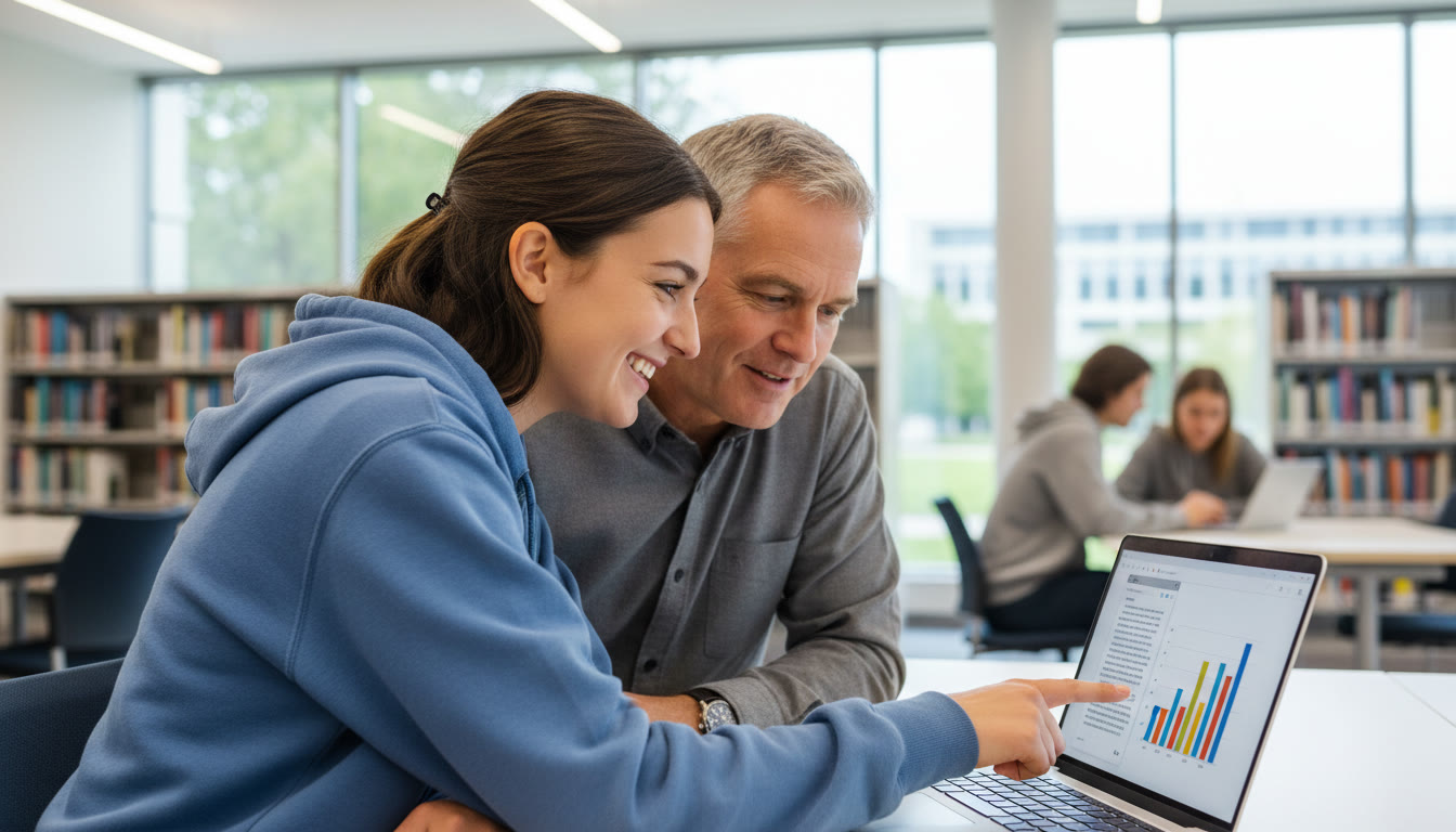 Photo Idea : Student and supervisor leaning over a laptop, highlighting a paragraph and pointing to a chart