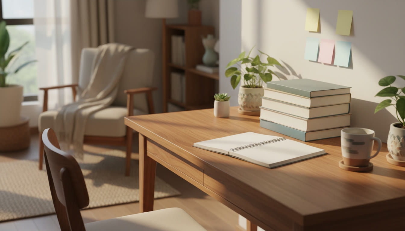 Photo Idea : A tidy study desk with an open notebook, a stack of textbooks, a mug, and sunlight falling on sticky notes
