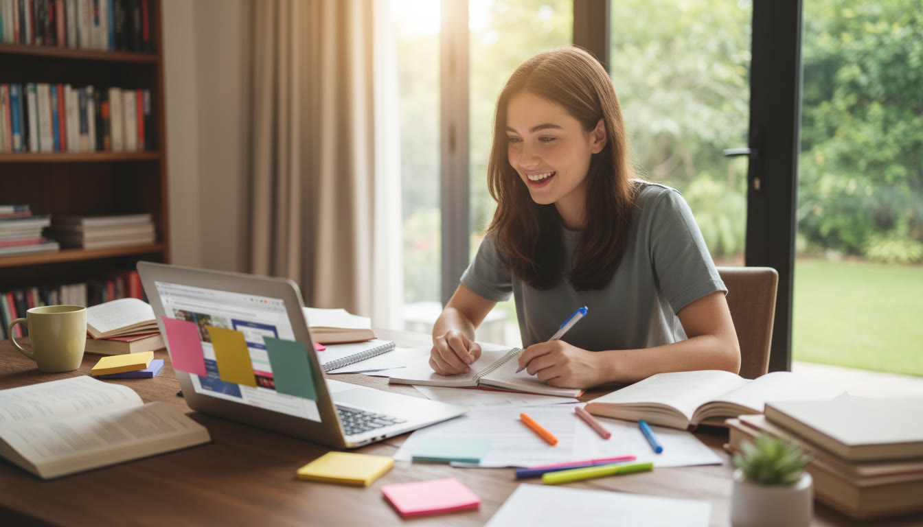 Photo Idea : Student at a desk surrounded by notebooks, a laptop with university websites open, and sticky notes labeled 