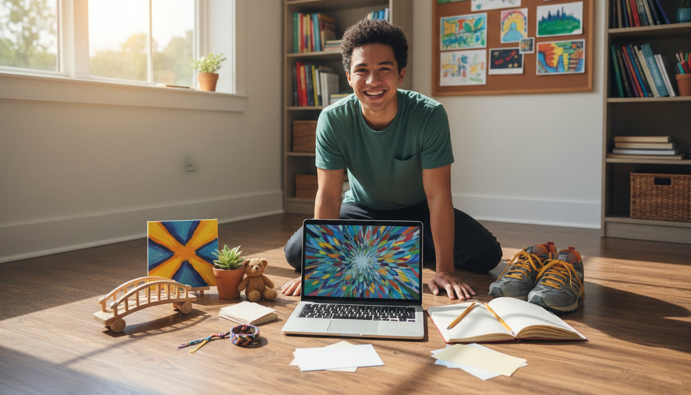 Photo Idea : Student arranging CAS artifacts around a laptop and notebook