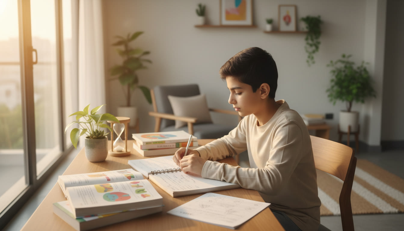 Photo Idea : A focused student at a clean study desk with textbooks, a timer, and a notebook open, morning light falling across the pages