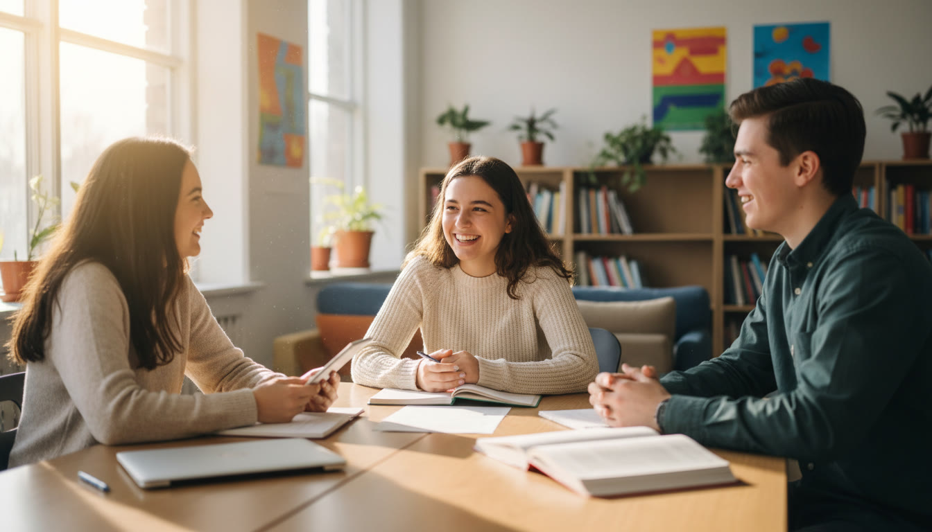 Photo Idea : A small group of IB students practicing a mock interview in a school common room