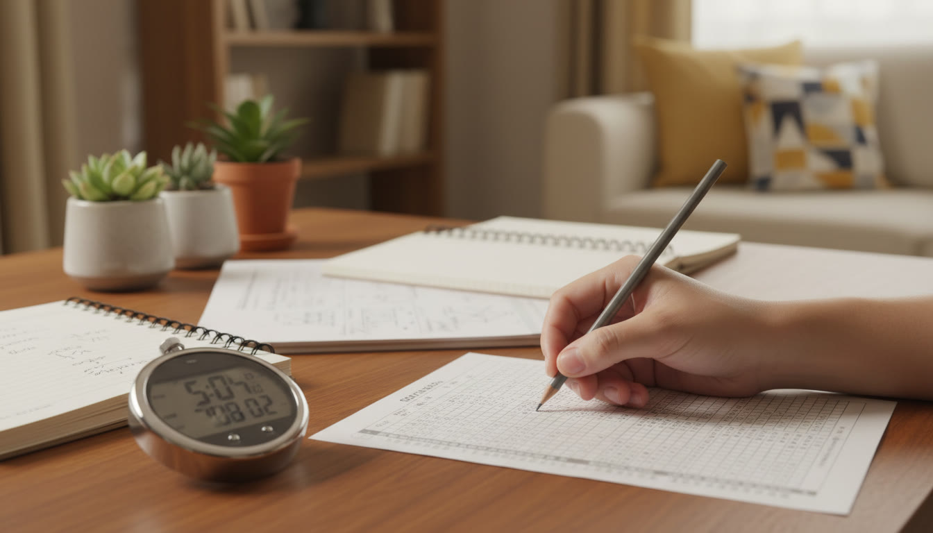 Photo Idea : Close-up of a hand filling an OMR sheet with a pencil, stopwatch visible nearby, and neatly arranged notes in the background