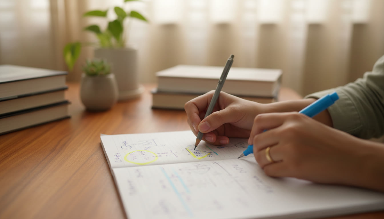 Photo Idea : Close-up of hands solving a mathematics sketch with highlighted substitutions and transformations