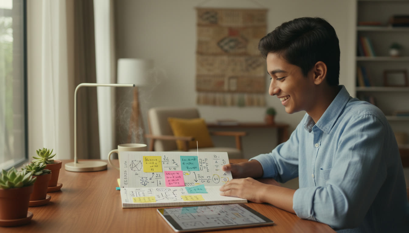 Photo Idea : A student reviewing an error log with annotated solutions and colored sticky notes