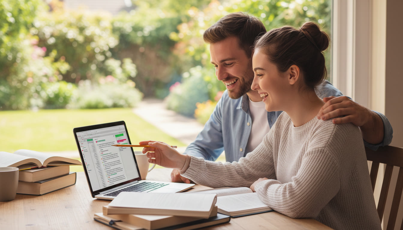 Photo Idea : student and tutor on a laptop, reviewing a marked draft together