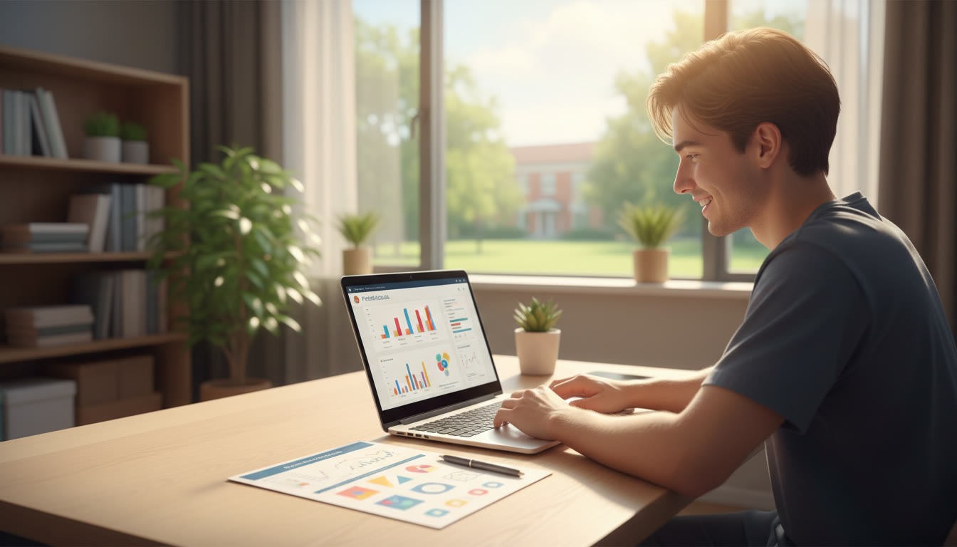 Photo Idea : A student checking a feedback log on a laptop while a printed rubric lies beside them