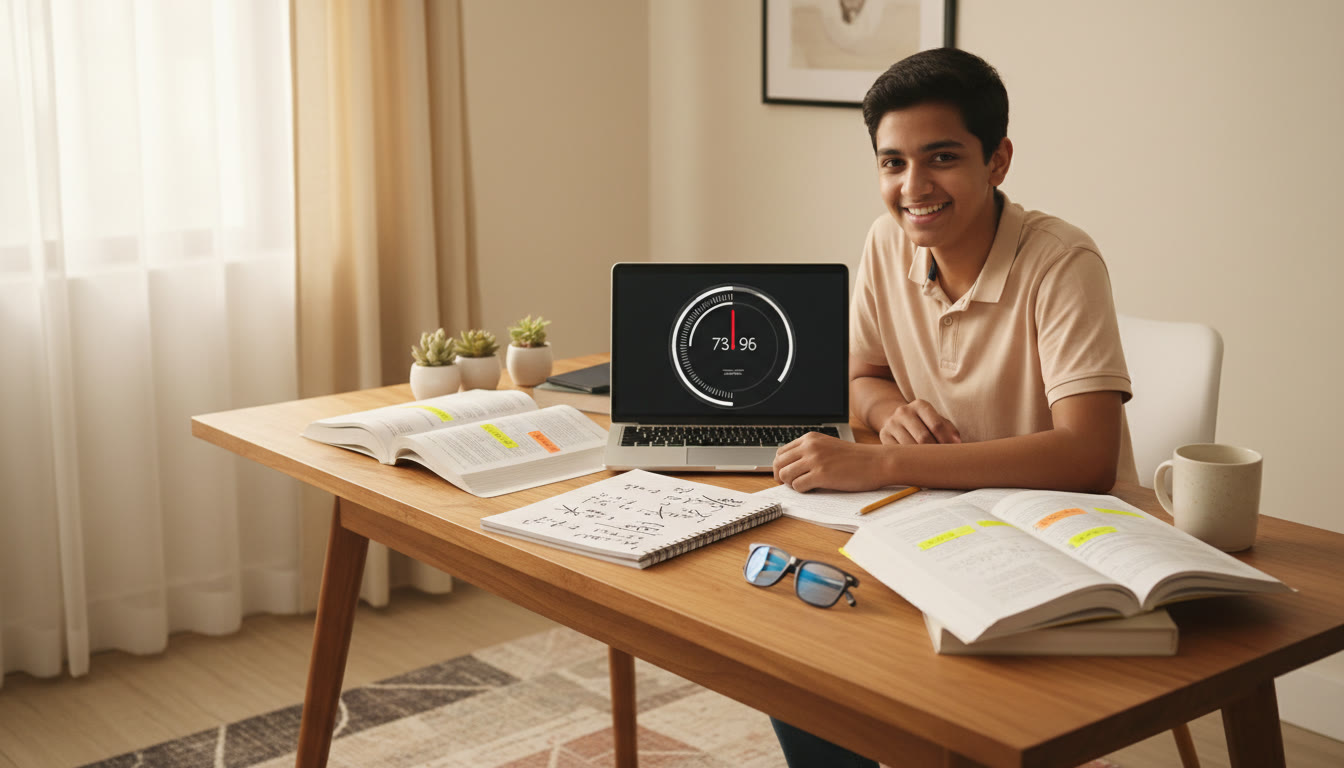 Photo Idea : A focused student at a desk, with a notebook of mistakes, a timer on a laptop, and open textbooks showing highlighted sections.