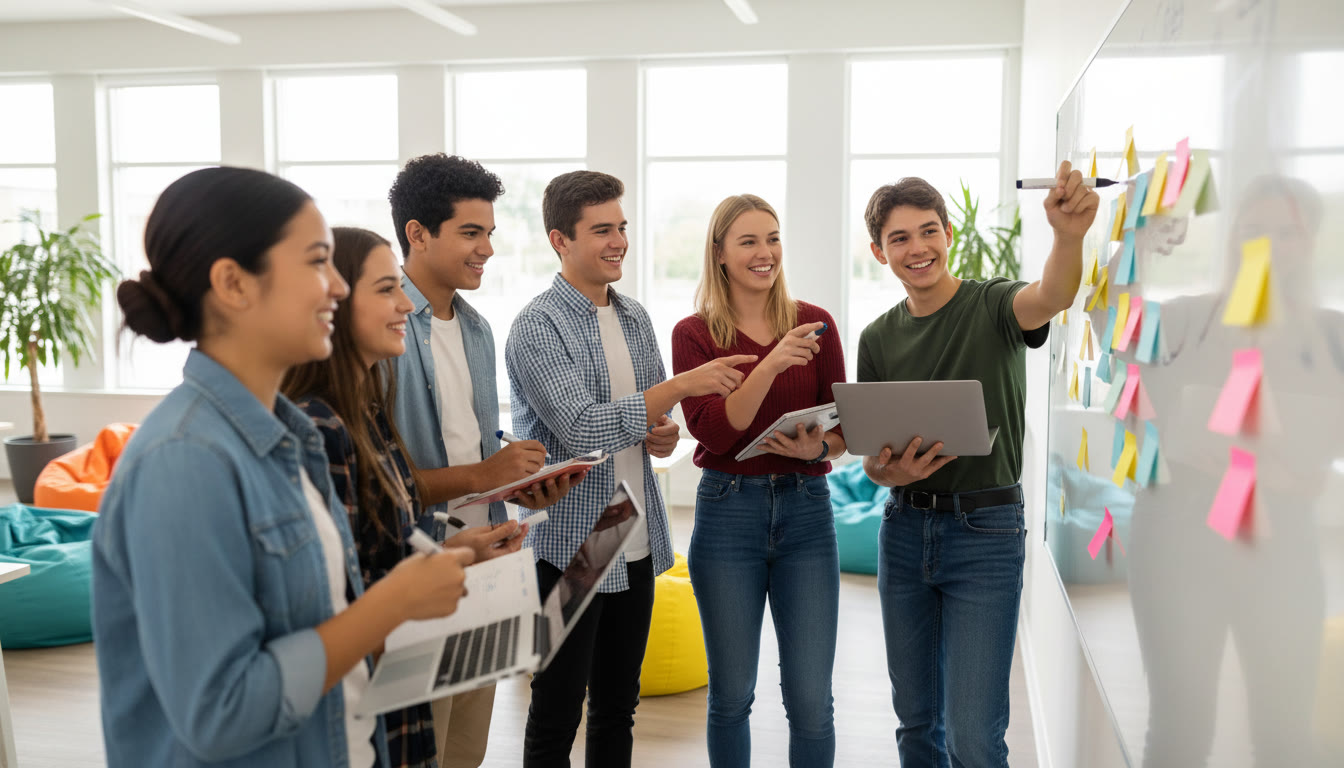 Photo Idea : Students gathered around a whiteboard planning a school club, with sticky notes and laptops