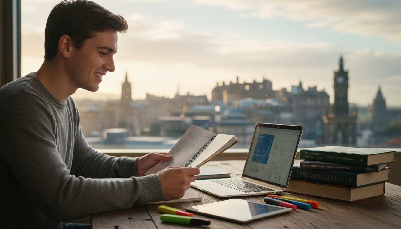 Photo Idea : A focused IB student with notes open, Edinburgh skyline blurred in the background