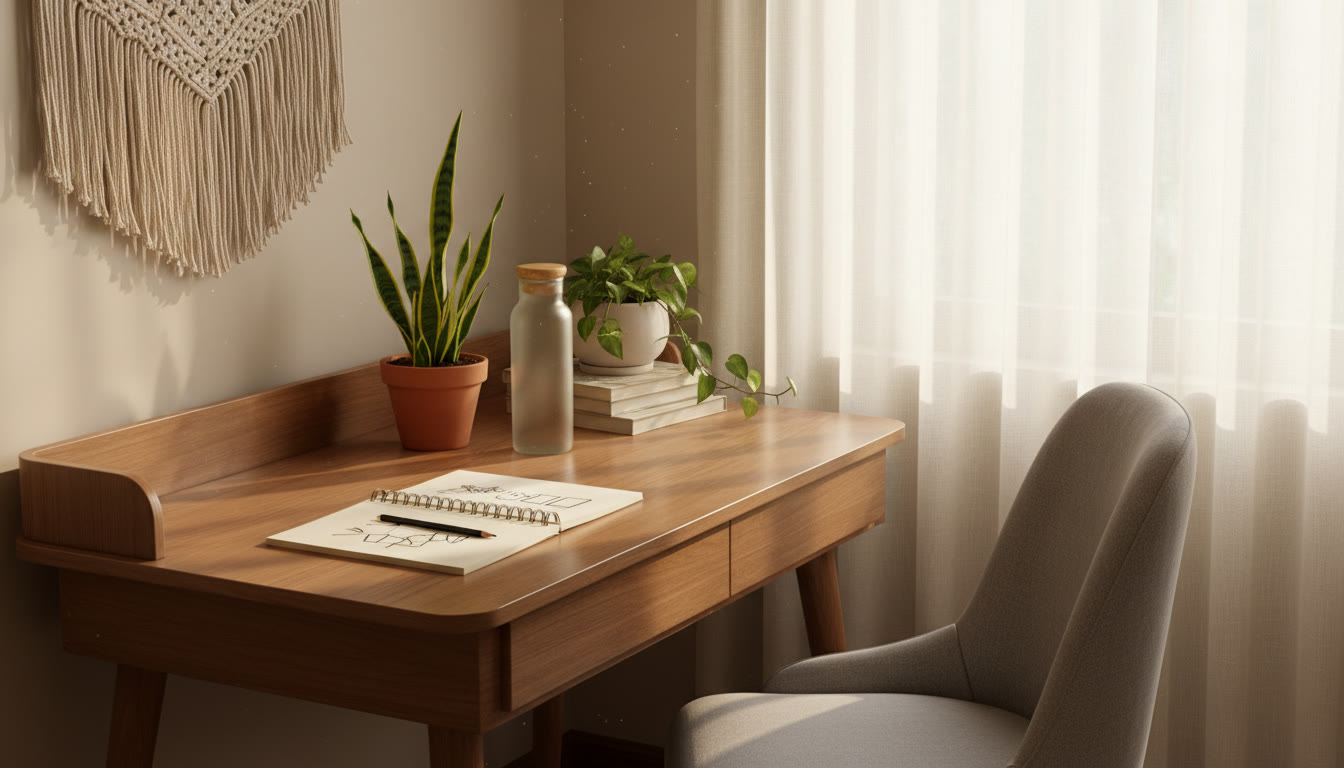 Photo Idea : A calm study corner with a notebook, a water bottle, and soft natural light