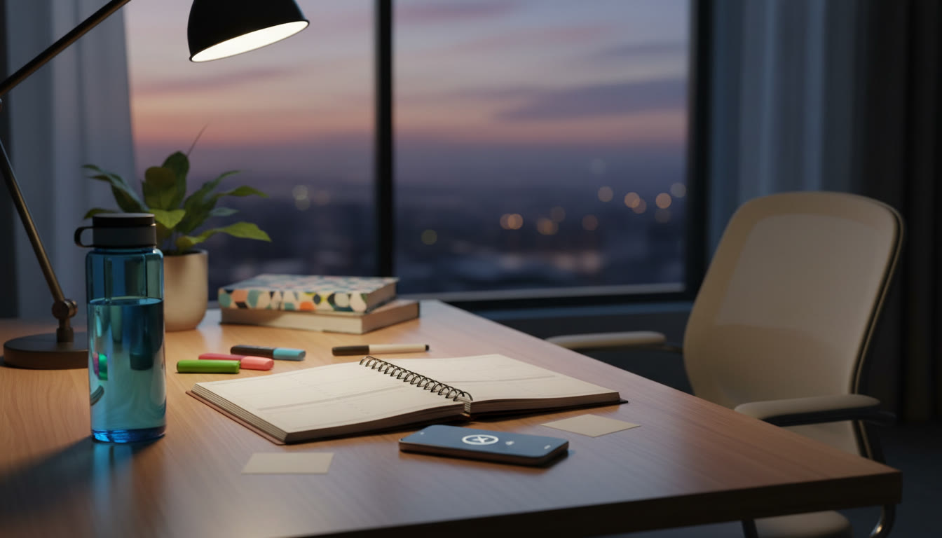 Photo Idea : [A calm evening study space with a planner, water bottle, and a phone set to