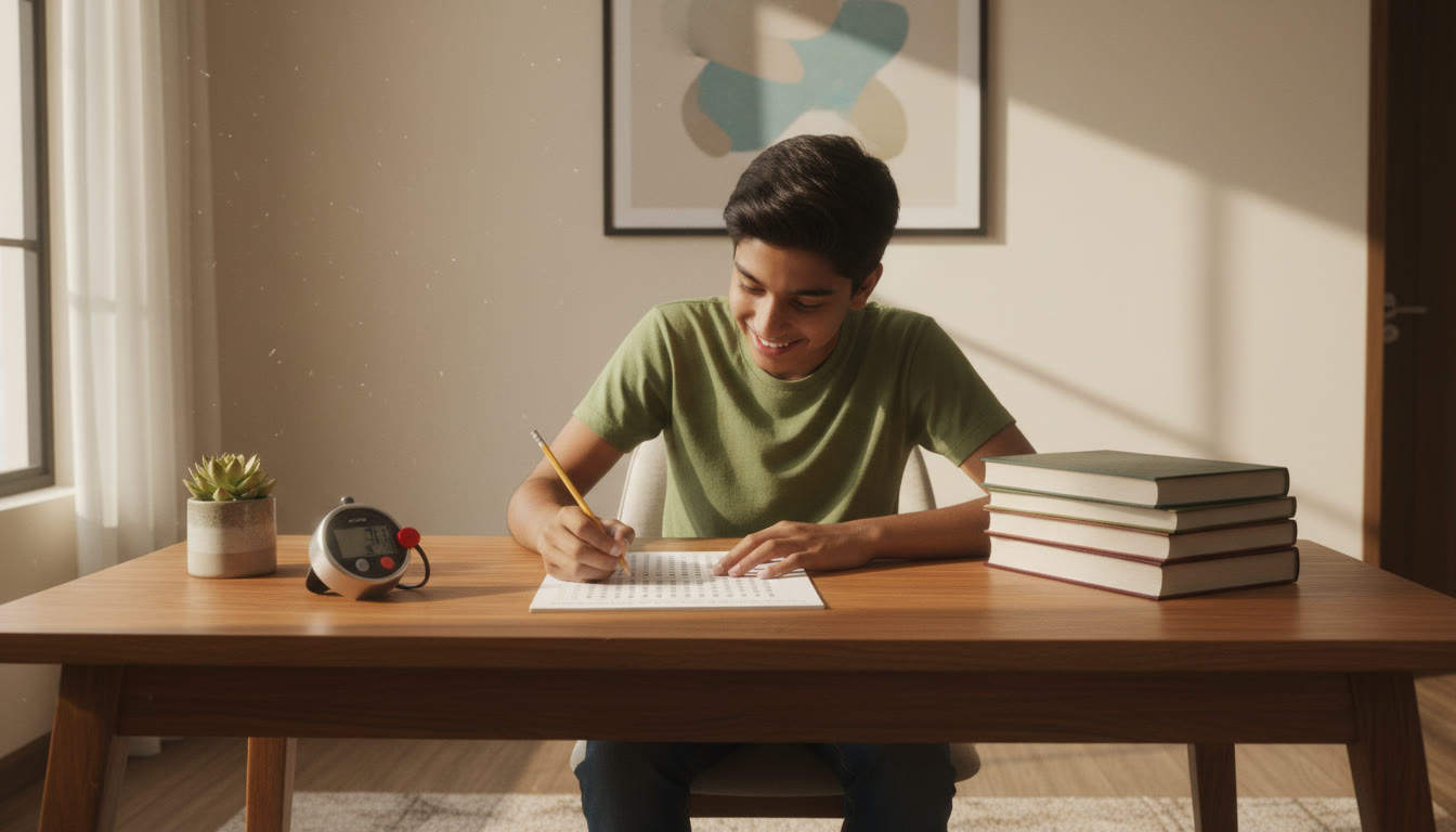 Photo Idea : Student at a study desk with a stopwatch and an OMR sheet, concentrating
