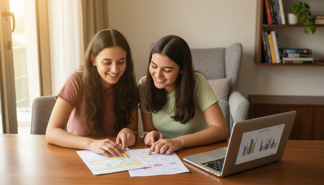 Photo Idea : A tutor and student reviewing an annotated sample paper together, with a laptop showing progress charts