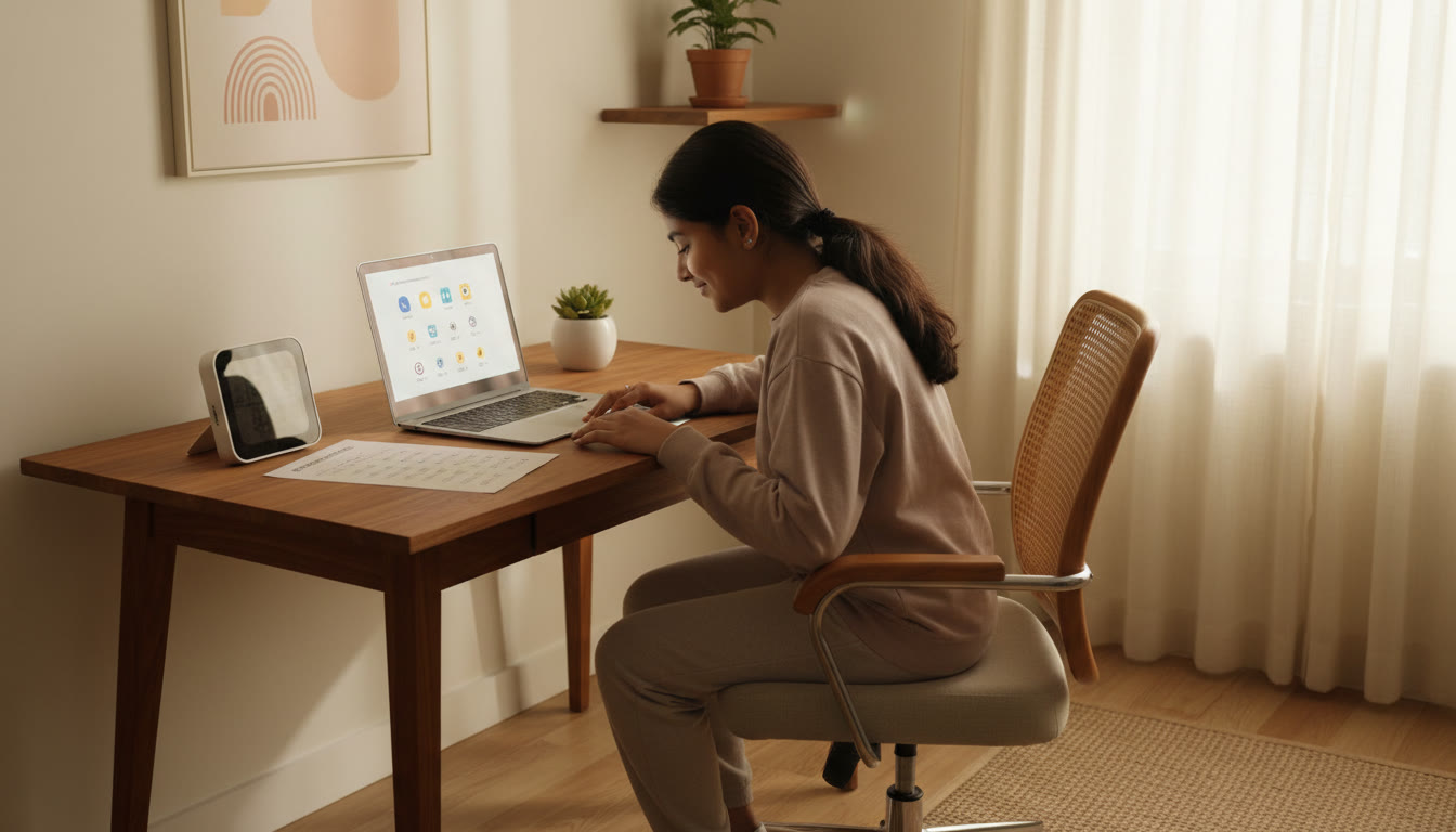 Photo Idea : A focused student at a desk, timer and OMR sheet beside a laptop showing an MCQ practice test