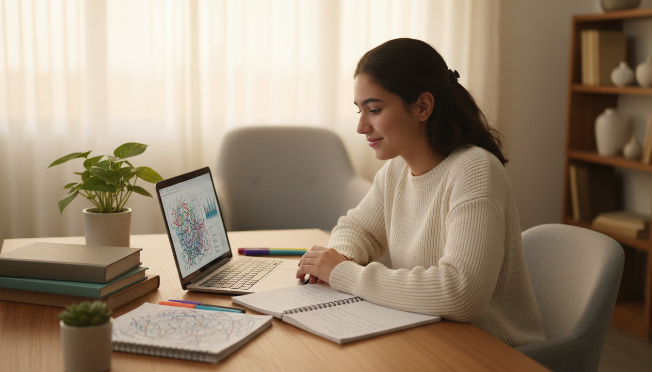 Photo Idea : A focused student at a desk surrounded by neatly arranged ISC textbooks, notes, and a laptop