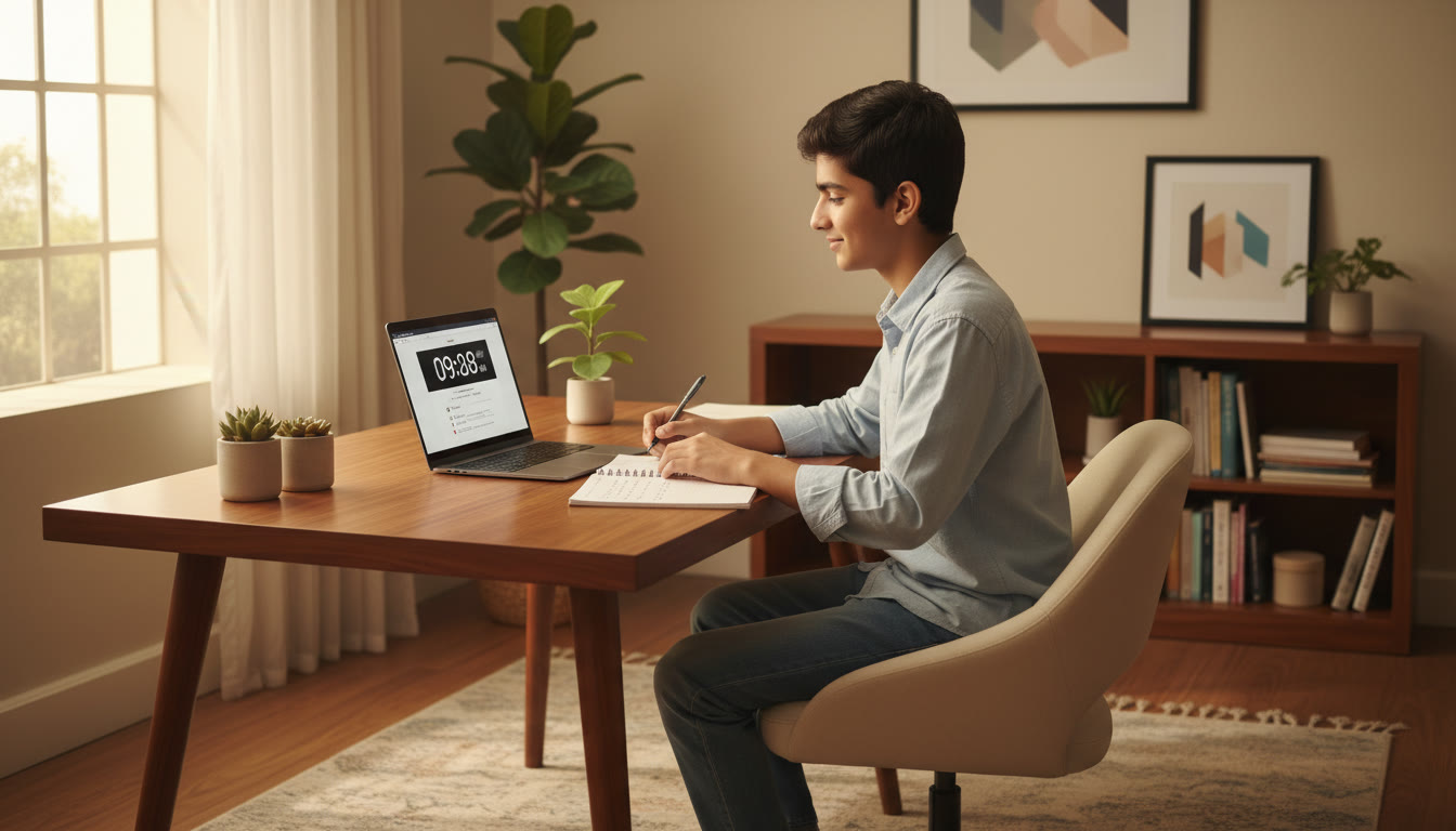 Photo Idea : A focused student taking a full-length mock test at a desk with a visible timer on a laptop
