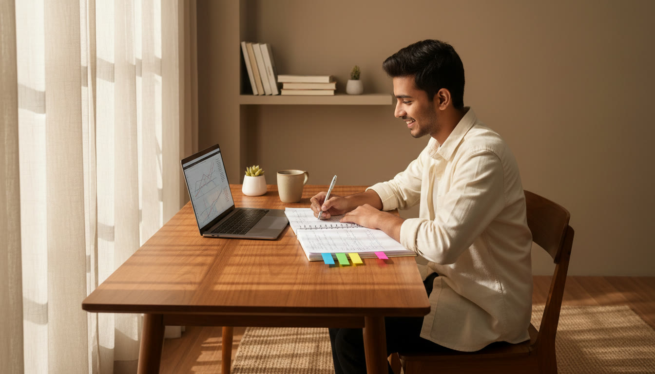 Photo Idea : A student reviewing an error log notebook with colored sticky tabs and a laptop