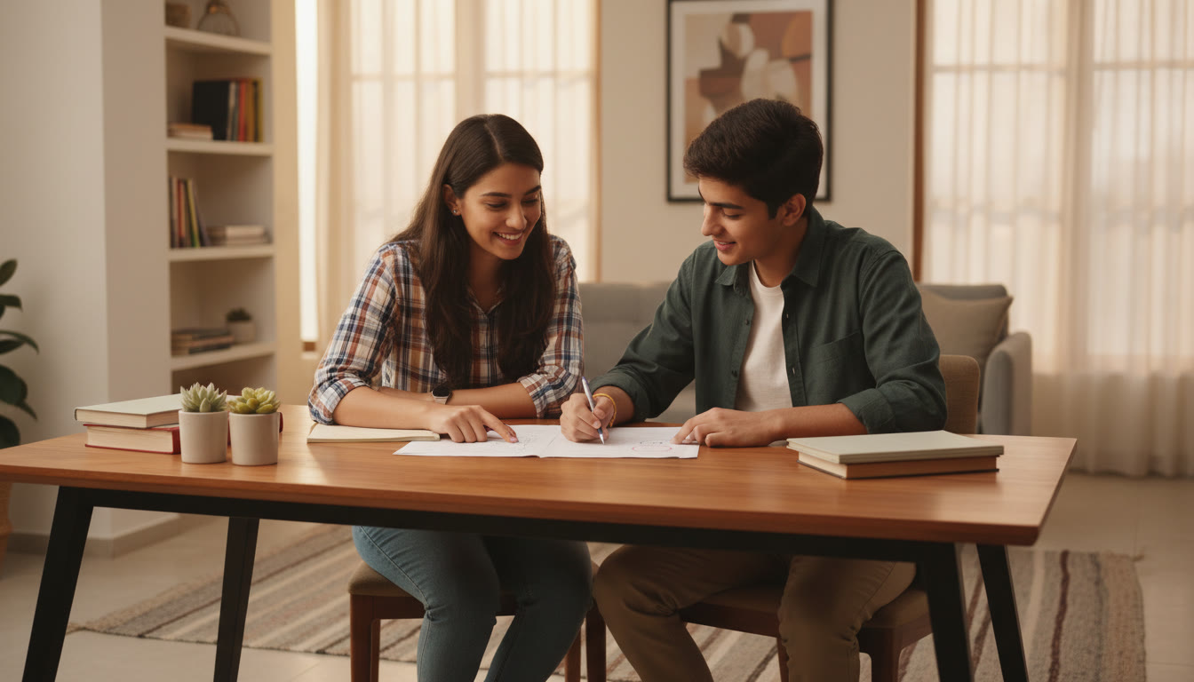 Photo Idea : tutor and student reviewing a mock paper together, pointing at mistakes and notes