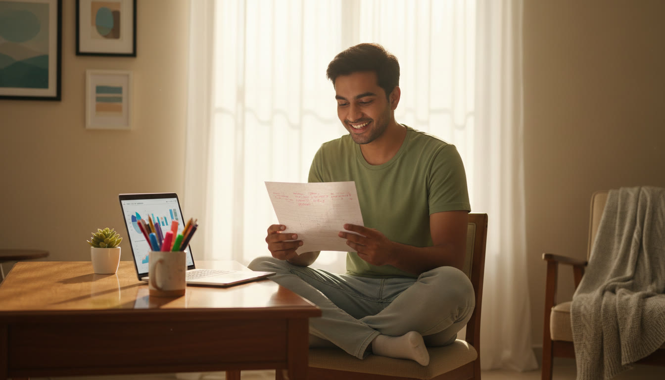Photo Idea : Student seated at a desk analyzing a marked mock test paper with a laptop open and colored pens