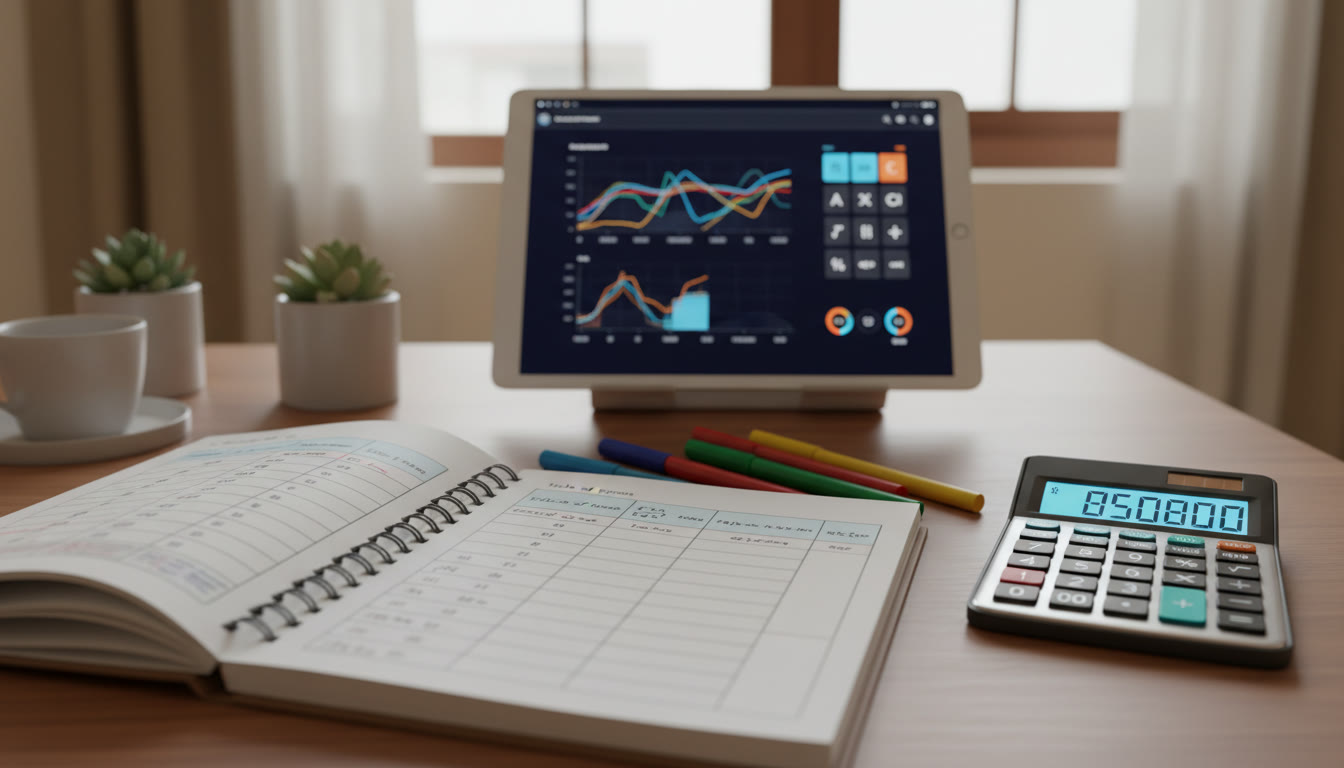 Photo Idea : An open notebook with a table of errors, colored pens, and a calculator-style mock interface on a tablet in the background.