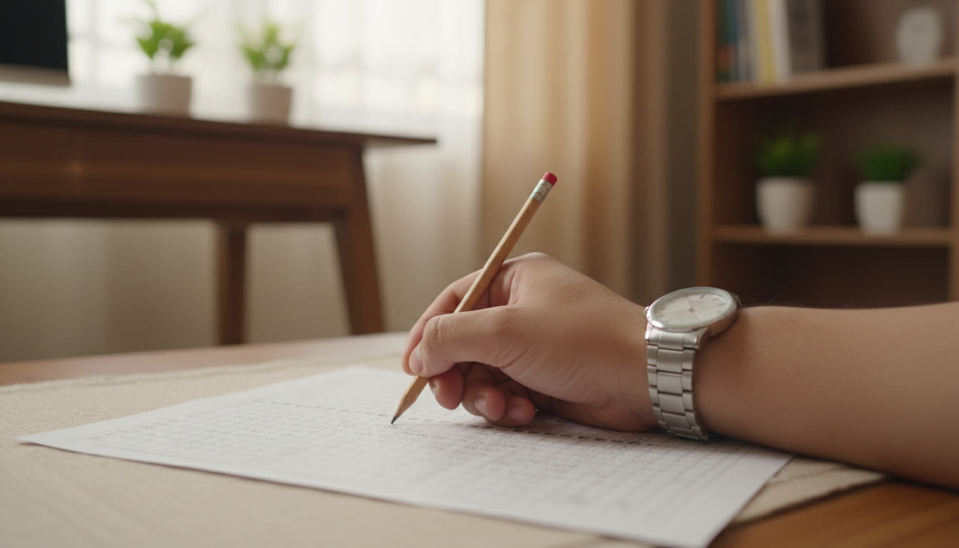 Photo Idea : Close-up of a hand filling bubbles on an OMR sheet with a watch visible showing elapsed time