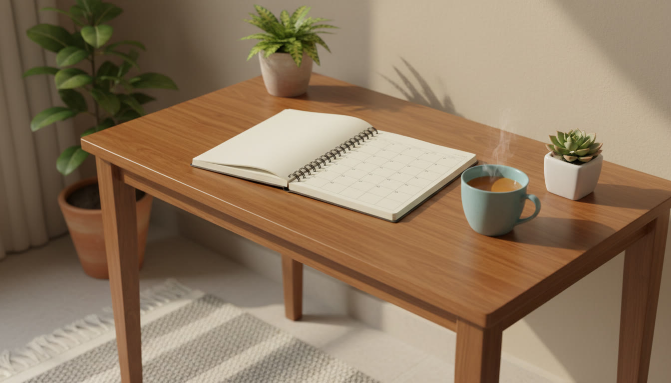 Photo Idea : tidy study desk with open notebook, calendar showing 30-day plan, and a cup of tea