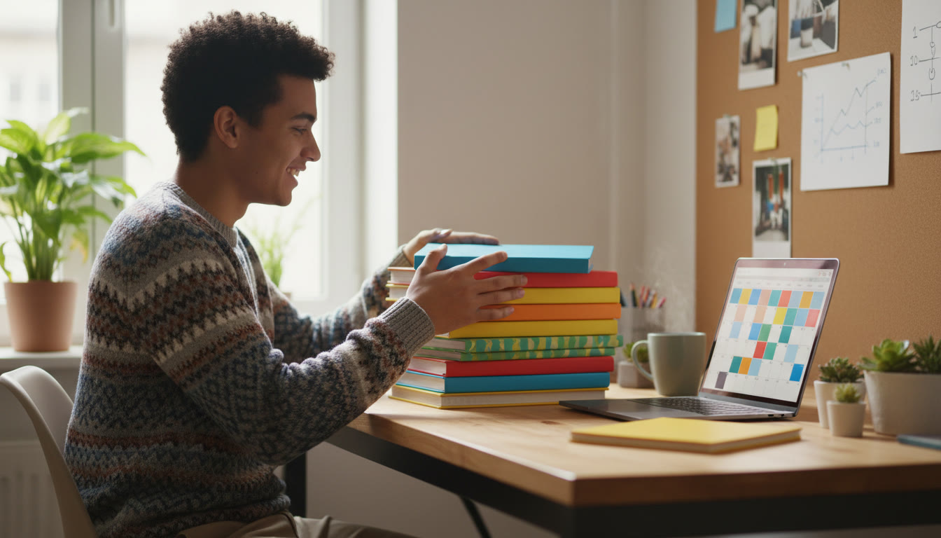 Photo Idea : Student at a cozy desk stacking colorful notebooks and a laptop with a calendar open