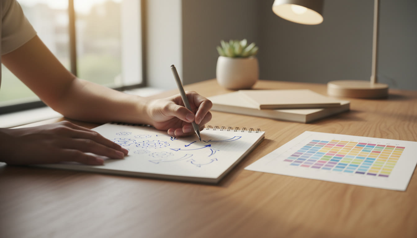 Photo Idea : Close-up of hands drawing organic mechanism arrows on a notepad beside a periodic table