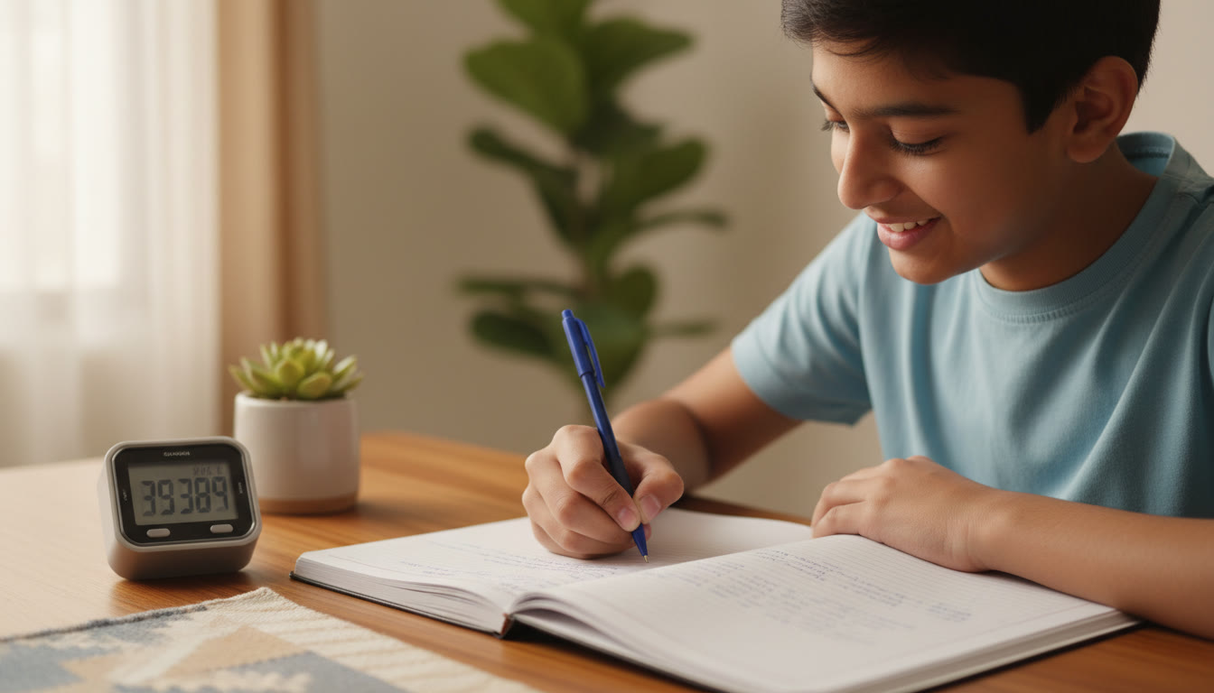 Photo Idea : Close-up of a student writing answers in an exam notebook with a stopwatch nearby