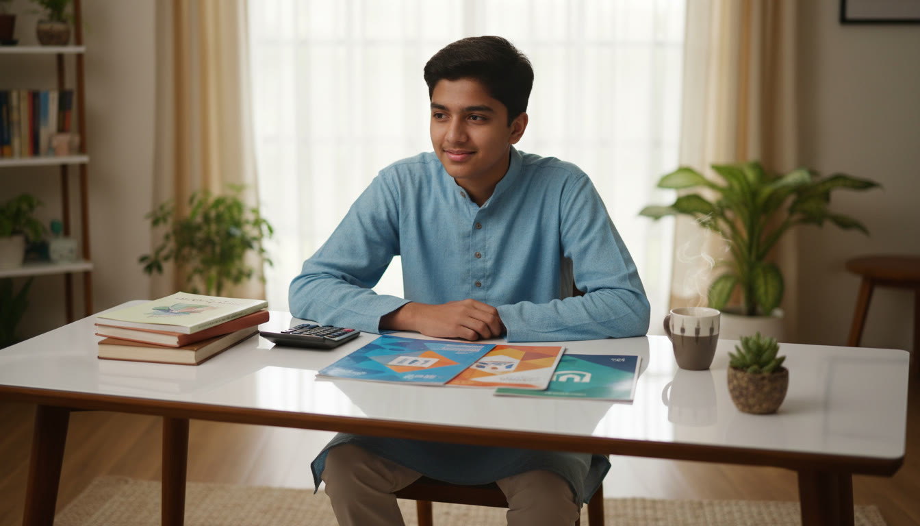 Photo Idea : A student at a desk with three college brochures labeled IIT, NIT, IIIT and a calculator, looking thoughtful
