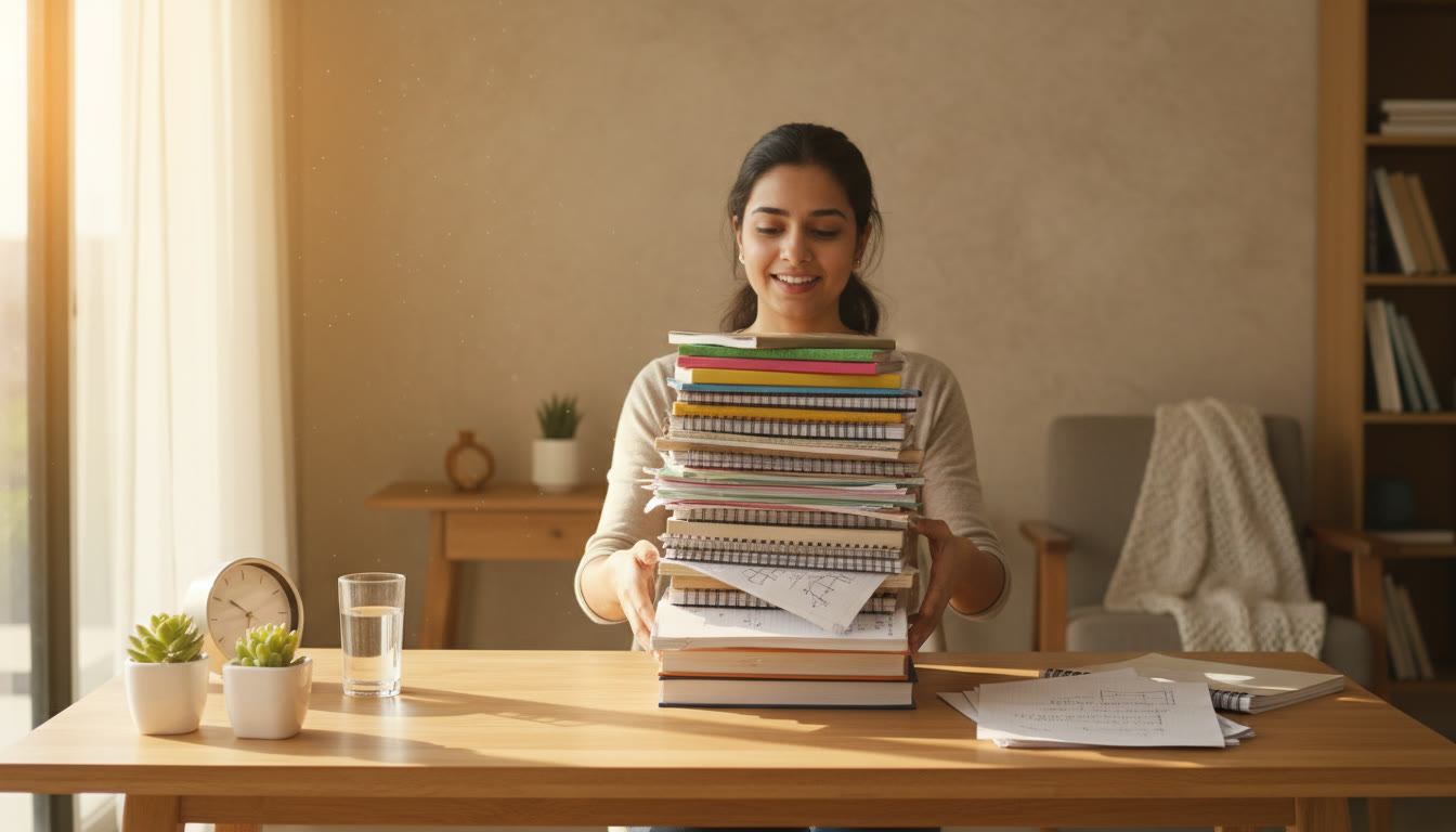 Photo Idea : Student balancing school textbooks and NEET notes at a neat desk, warm morning light