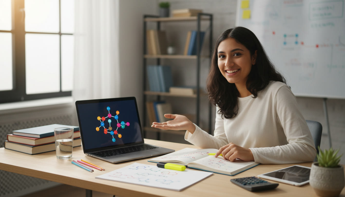 Photo Idea : Student at a tidy desk highlighting chemistry notes and a laptop with molecular diagrams