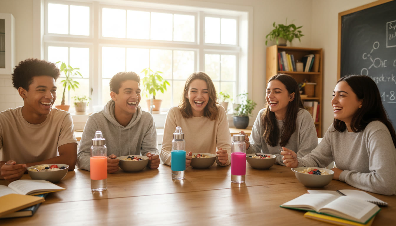 Photo Idea : Students sitting at a bright kitchen table with bowls of oatmeal, fruit, and water bottles