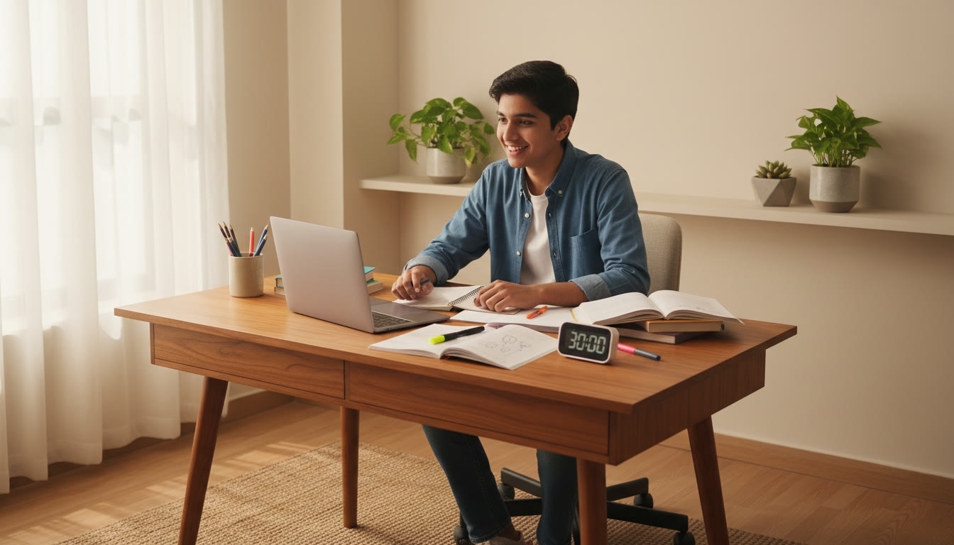 Photo Idea : [A focused student at a study desk with notes, laptop, and a timer on the table]