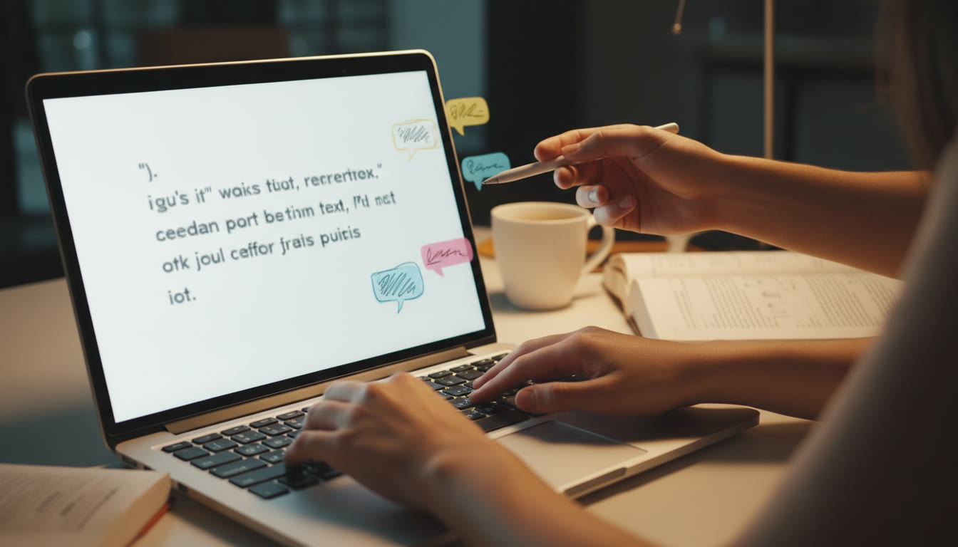 Photo Idea : Close-up of hands rewriting a paragraph on a laptop screen with comments visible