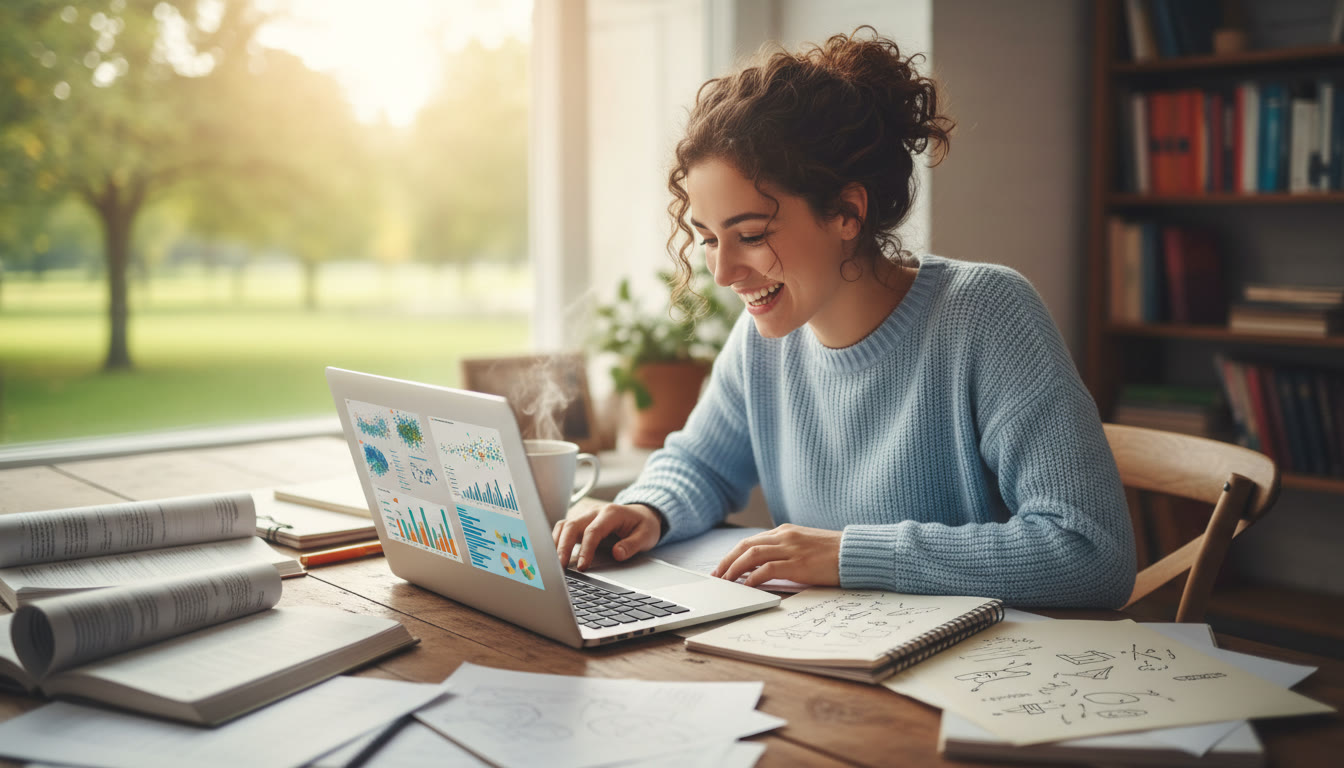 Photo Idea : A focused student at a desk surrounded by journal articles, a laptop with data visualizations, and handwritten notes