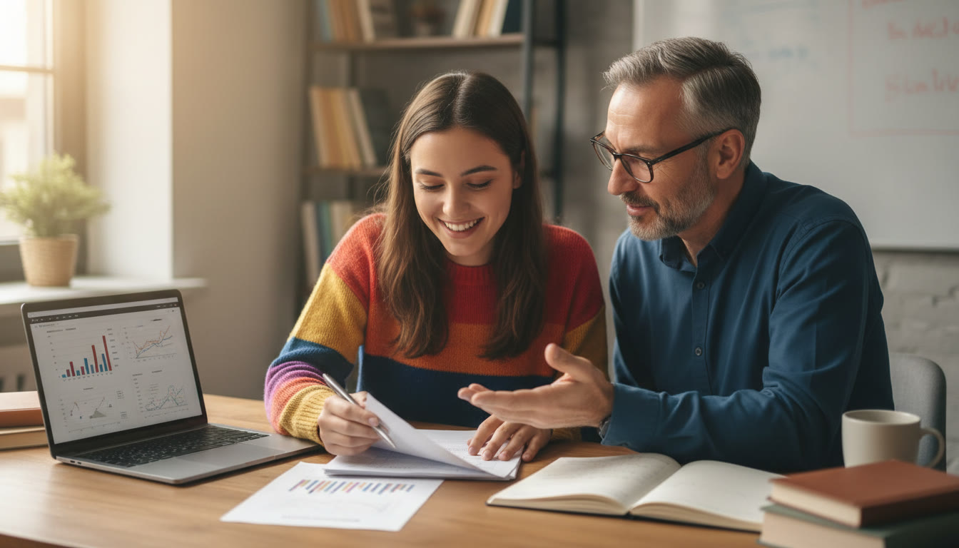 Photo Idea : Student and supervisor reviewing a printed IA rubric together at a study desk with a laptop and notebook