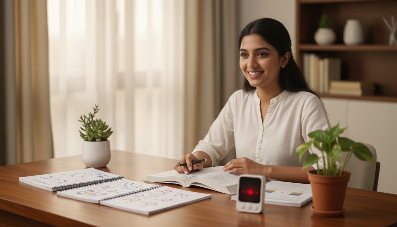 Photo Idea : A student at a tidy desk with neatly labelled science notes, a textbook open, and a timer set for a study session