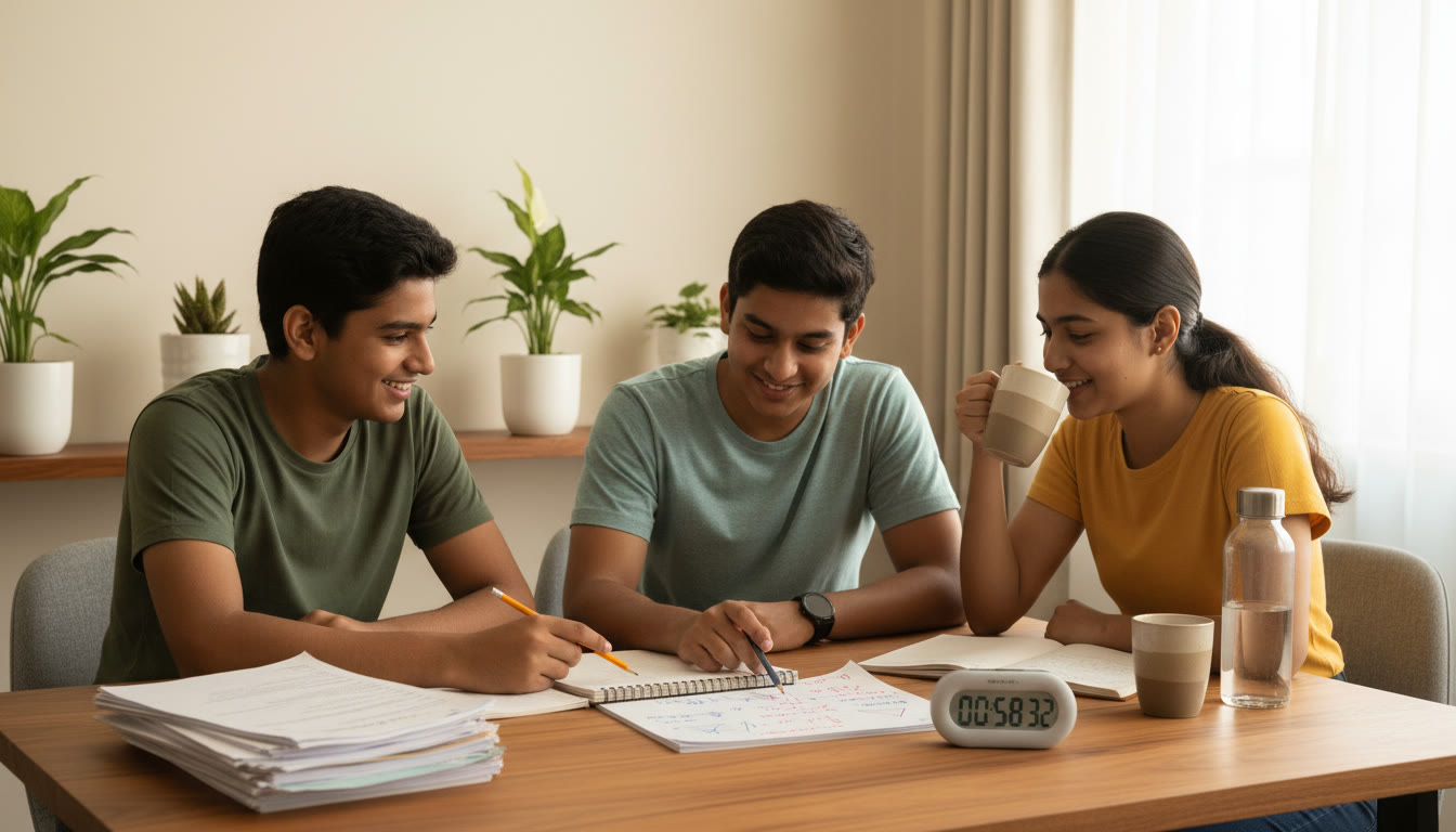Photo Idea : Students at a study table with printed PYQs, a timer, and a notebook open with annotated solutions