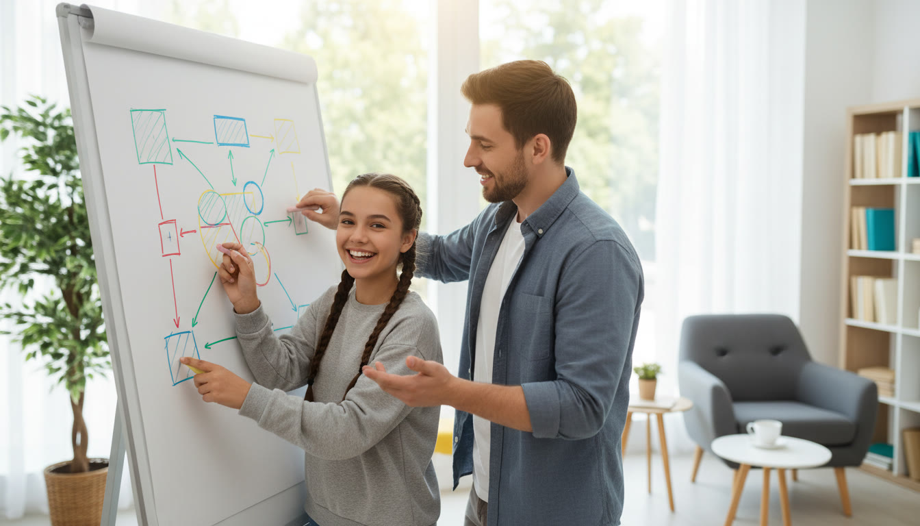 Photo Idea : A small group session with a student and a tutor chalking a concept diagram on a whiteboard