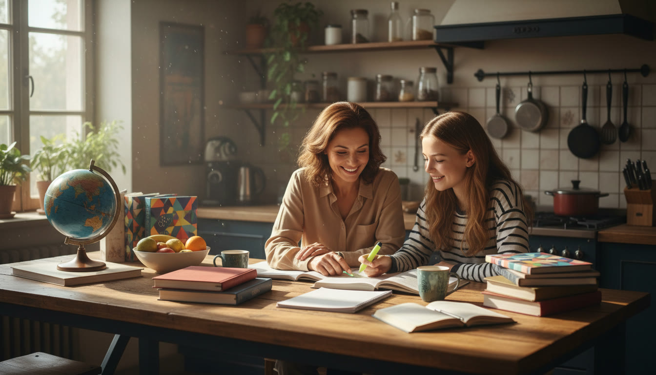 Photo Idea : A parent and teen reviewing schoolwork together at a kitchen table