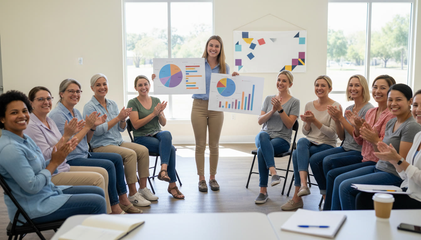 Photo Idea : A student presenting charts to community members during a project handover meeting