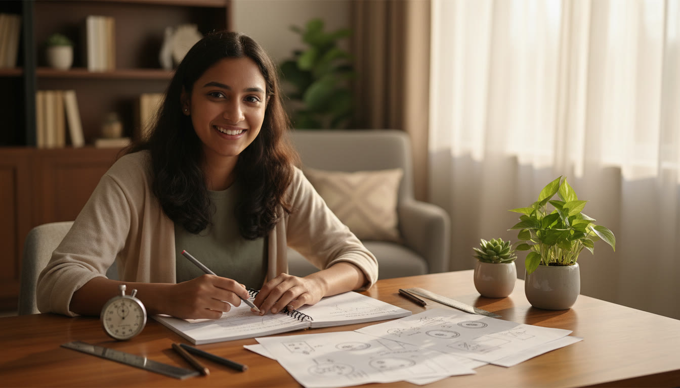 Photo Idea : A student practicing a timed past paper with a stopwatch and neatly labeled diagram sketches