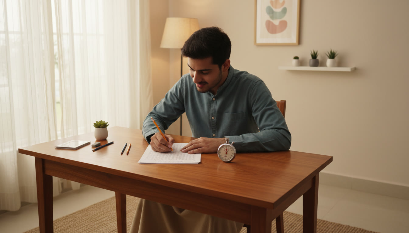 Photo Idea : a student under timed conditions filling an OMR sheet with a pencil and a stopwatch on the desk