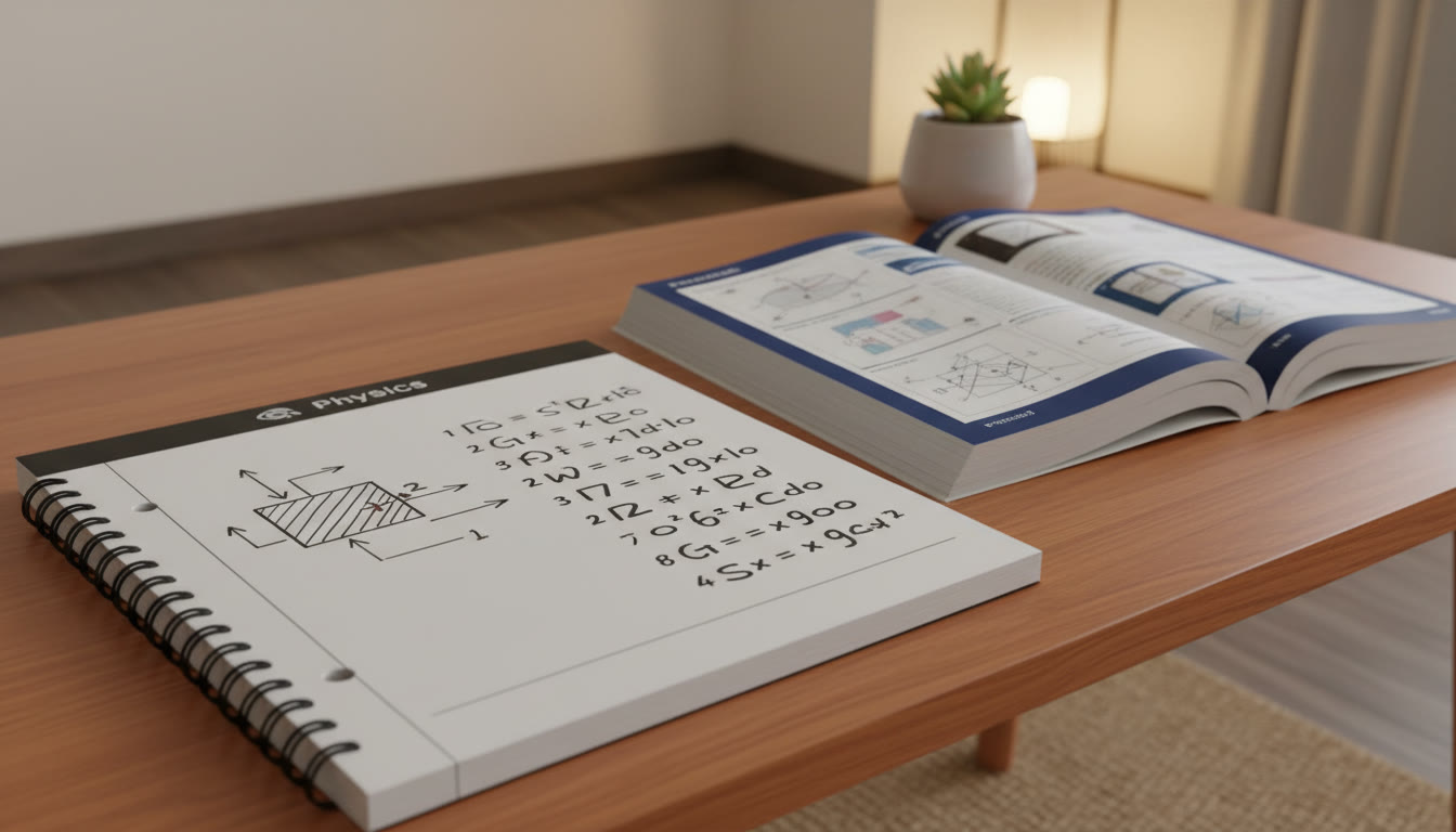 Photo Idea : Close-up of a notebook showing a labelled free-body diagram and a step-by-step derivation beside a physics textbook
