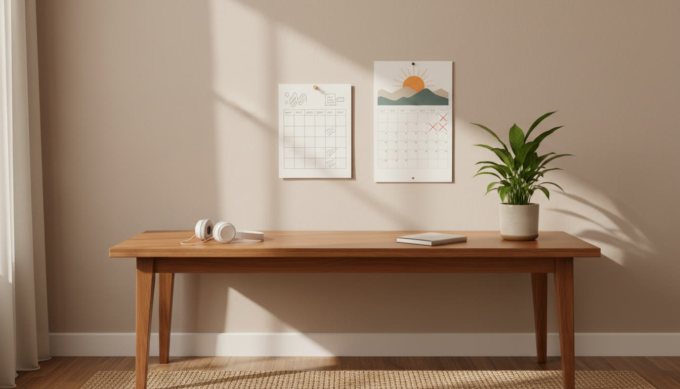 Photo Idea : A printed one-page study plan pinned to a wall beside a calendar with days marked off.