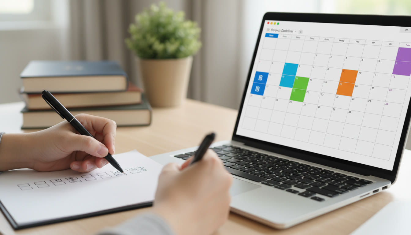 Photo Idea : Close-up of hands writing a checklist beside a laptop screen showing a calendar with colored deadline markers